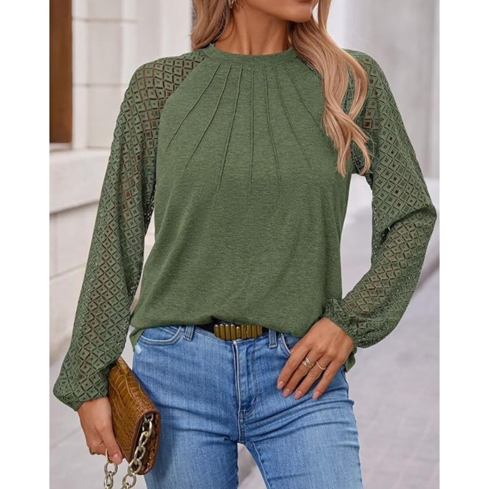Lace Sleeve Top Womens S Olive Green Pleated Balloon Sleeve Boho Office Feminine